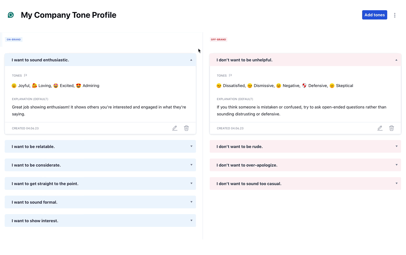 Set brand tones – Grammarly Support