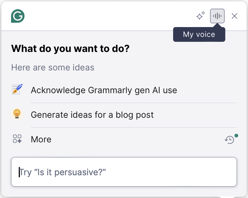The image shows an already-clicked lightbulb icon with several options. In the upper-right corner of the panel, My voice icon is highlighted and the tooltip says My voice.