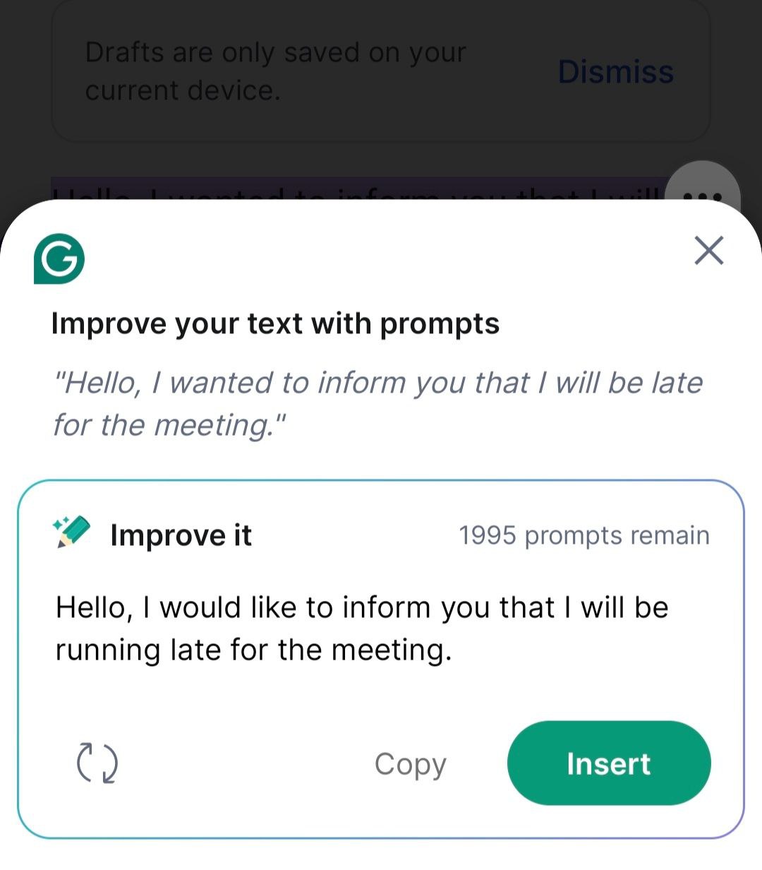 Grammarly provides a generated text based on the selected prompt and offers the option to Insert to the text field or rephrase/generate a new version