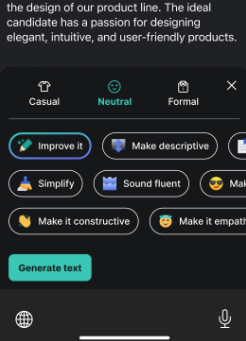 After tapping Improve it, Grammarly shows a variety of prompts that appear as oval buttons at the bottom of the screen
