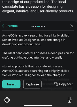 Text generated by Grammarly that is ready for the user's review. Grammarly shows three options — Insert. Rephrase, and Copy text.