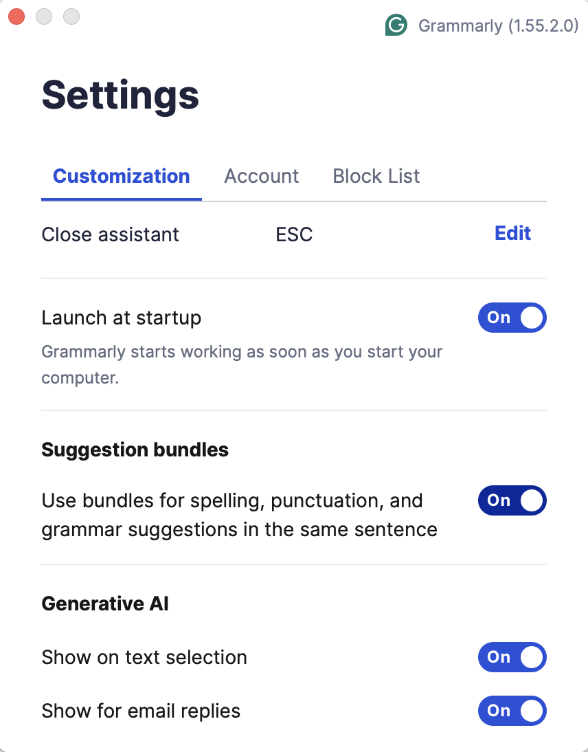 Settings in Grammarly for Windows and Mac