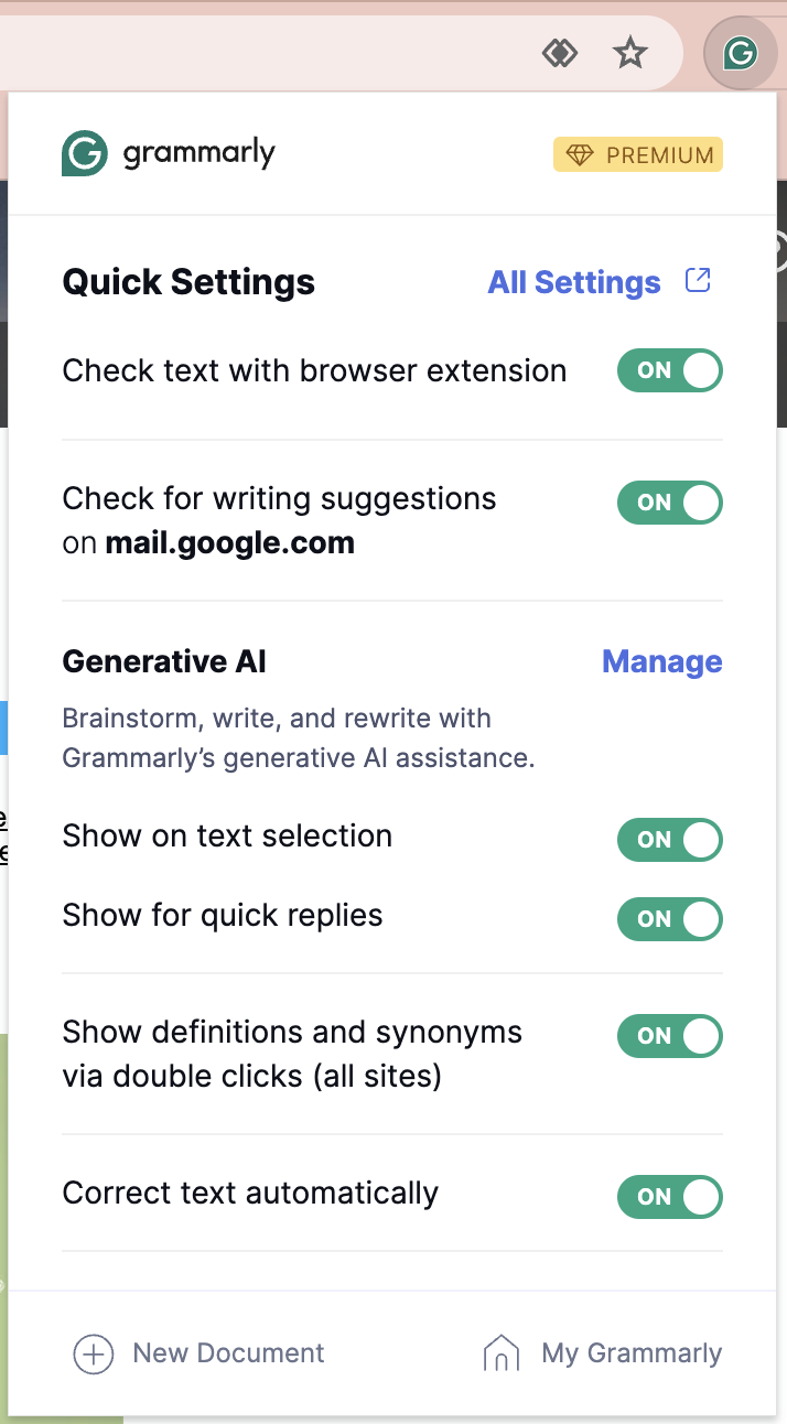 Settings in Grammarly's browser extension