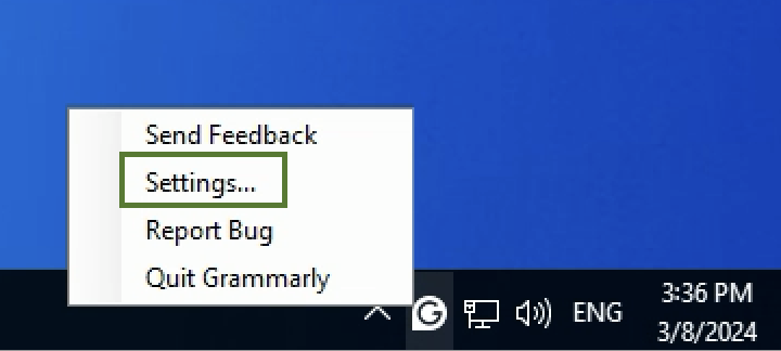 The Grammarly icon in the lower-right corner of the screen is clicked, and the menu appeared. The menu includes the Settings option that is highlighted on the image.