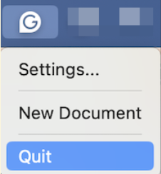 The image shows the already-clicked Grammarly icon at the top of the screen and the Quit option highlighted in blue