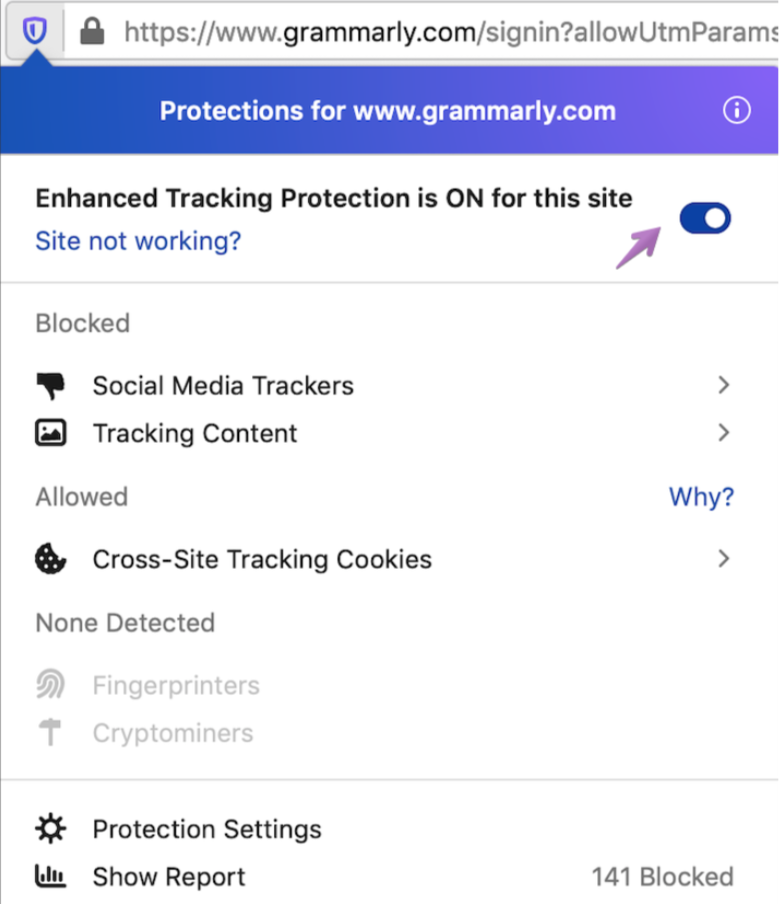 The toggle appears when you click the shield icon to the left of the address bar