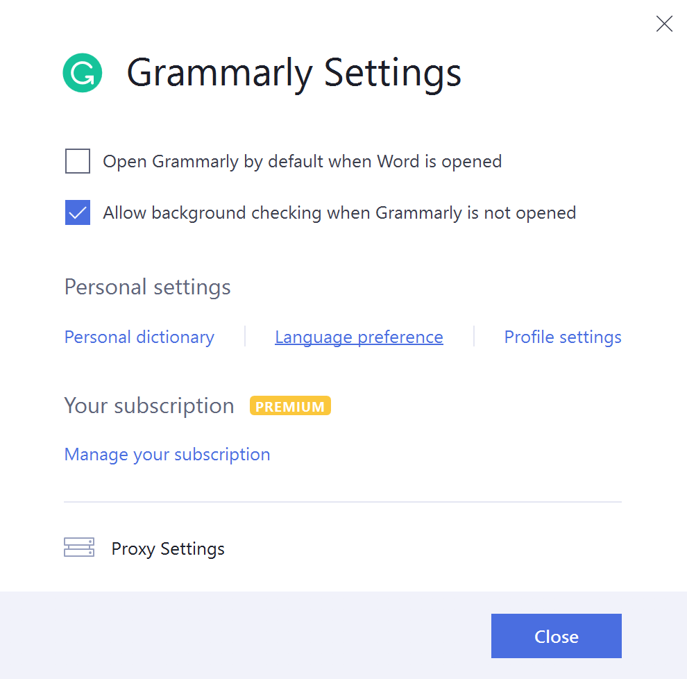A screenshot of the settings in Grammarly for Microsoft Office