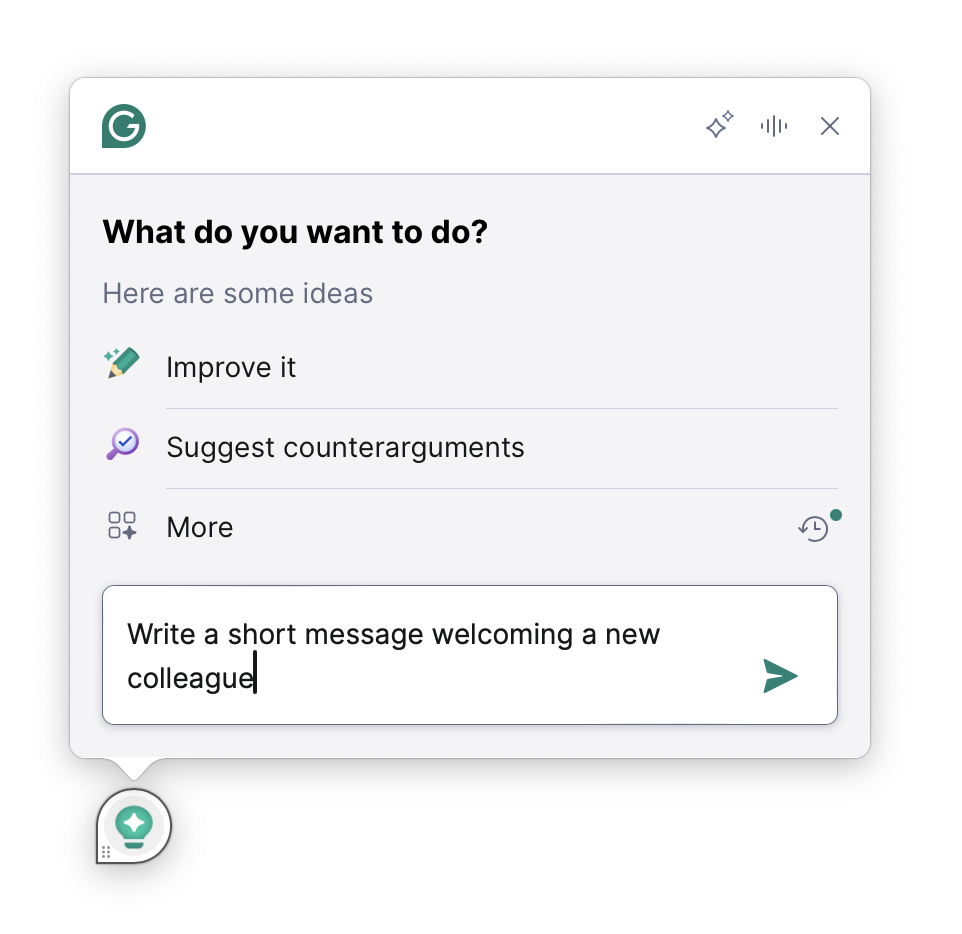 This image shows already-clicked lightbulb icon and the opened Grammarly panel with a text field to add your prompt.